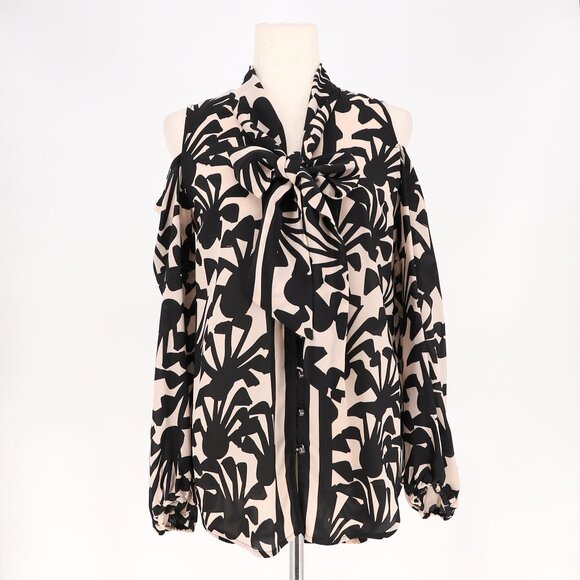 TRACY REESE 100% Silk Front Bow Cold Shoulder Bold Print Button Blouse Size 2 - Picture 2 of 9